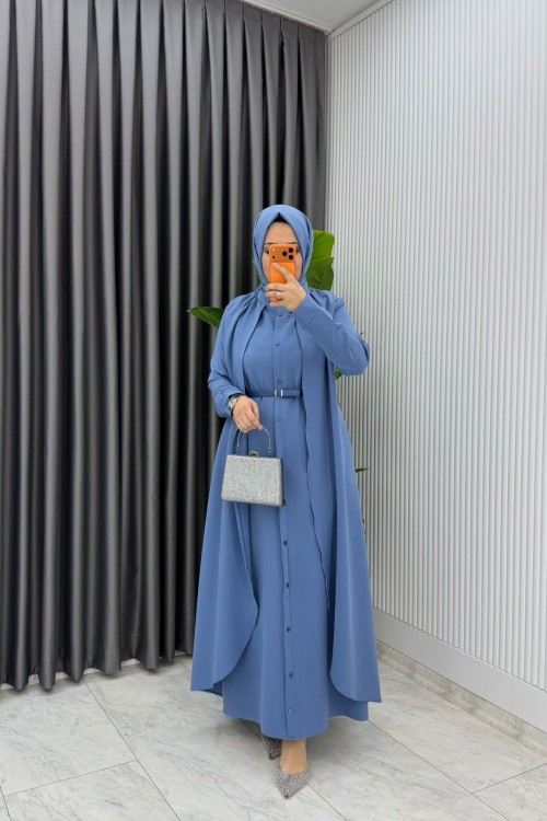 İndigo Premium Pera Elbise Ferace Tesettür Giyim Mavi