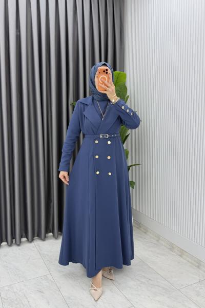İndigo Premium Naz Jile Ferace Takım Tesettür Giyim  Mavi