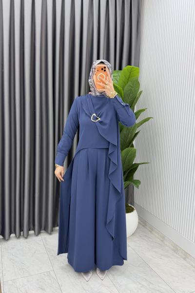 İndigo Premium Ahsen Pantolonlu Takım Tesettür Giyim  Mavi