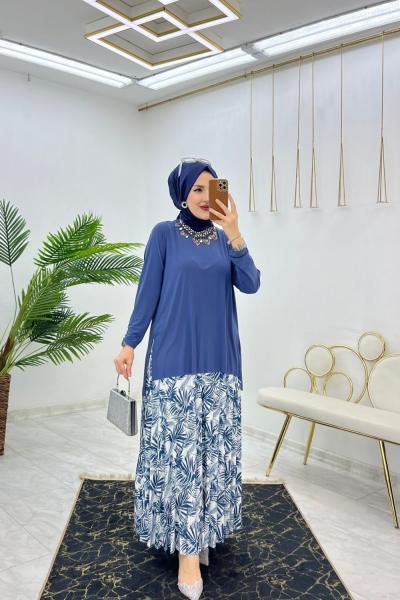 İndigo Sendi Palmiye Etek Takım Tesettür Giyim İndigo