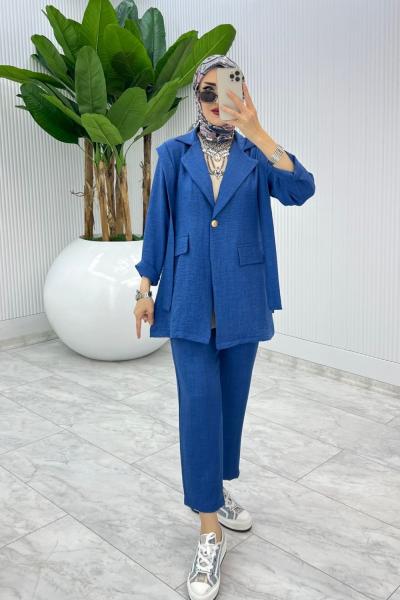 İndigo Tek Düğme Ceket Takım Tesettür Giyim İndigo