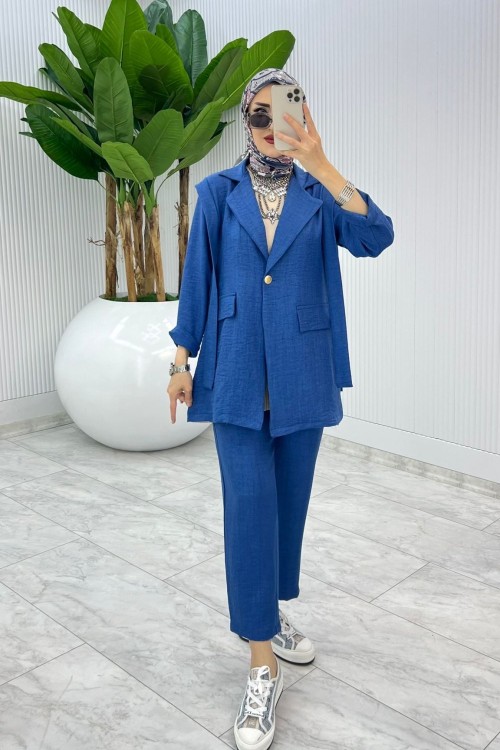İndigo Tek Düğme Ceket Takım Tesettür Giyim İndigo