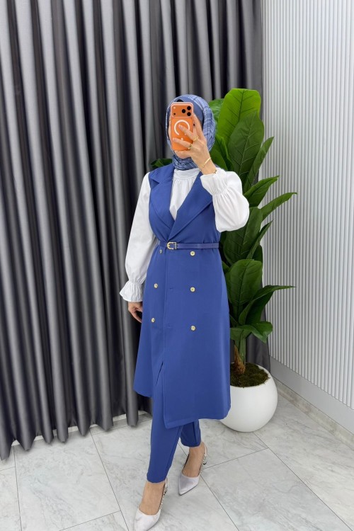 İndigo Tuğba Kemerli Yelek Takım Tesettür Giyim  Mavi