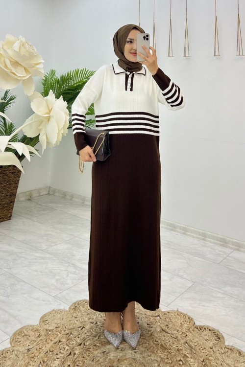 Kahve Ada Triko Elbise Tesettür Giyim Kahverengi