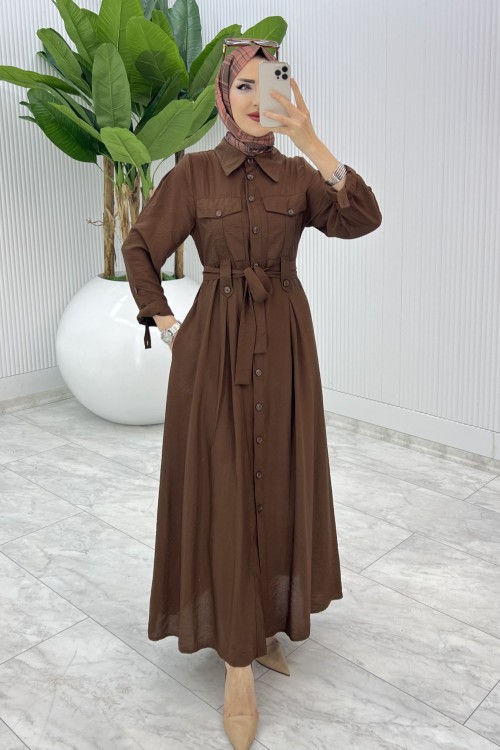 Kahve Ajda Elbise Tesettür Giyim Kahverengi