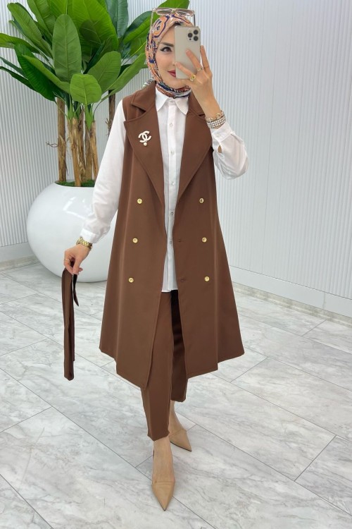 Kahve Broşlu Ala Yelek Takım  Tesettür Giyim Kahverengi