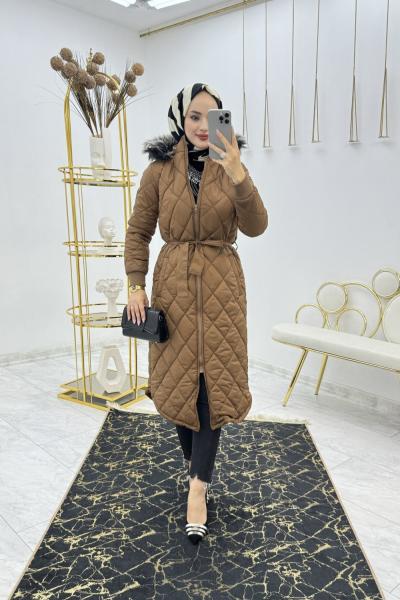 Kahve Armalı Mont Premium Kalite Tesettür Giyim Kahverengi