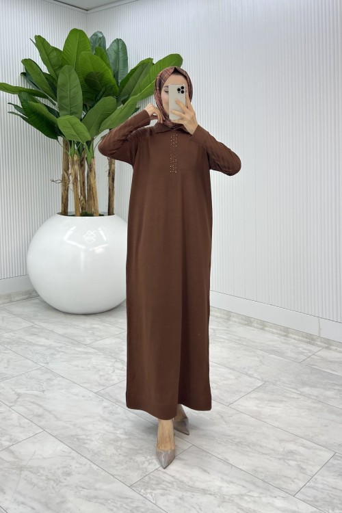 Kahve  Arzu Triko Elbise Tesettür Giyim  Kahverengi