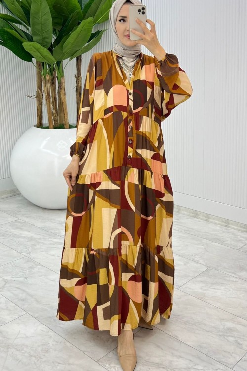 Kahve Aşikar Elbise Tesettür Giyim Kahverengi