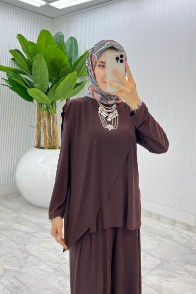 Kahve Asimetrik Takım Tesettür Giyim Kahverengi