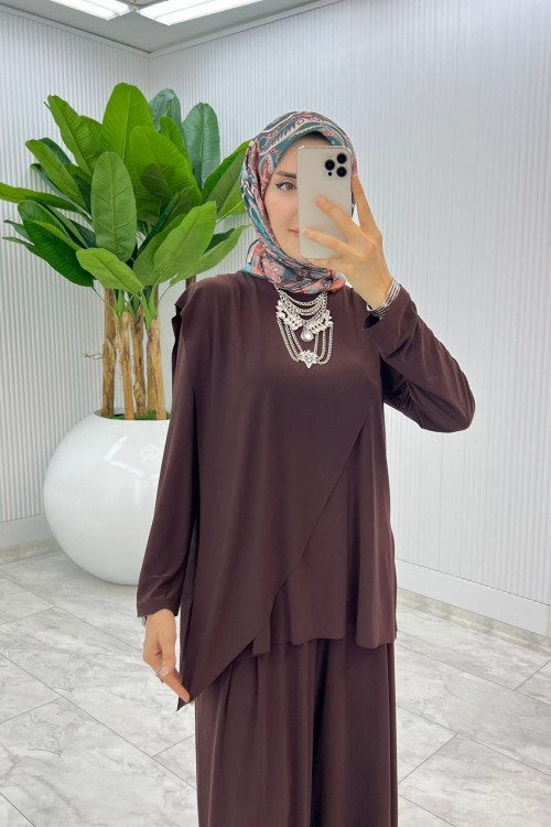Kahve Asimetrik Takım Tesettür Giyim Kahverengi