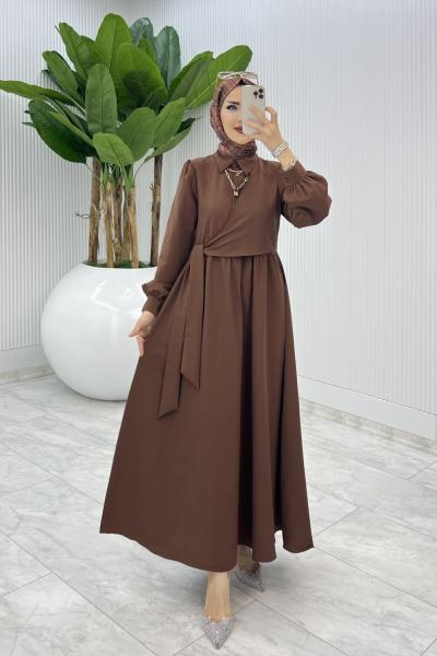 Kahve Bağlamalı Elbise Tesettür Giyim  Kahverengi