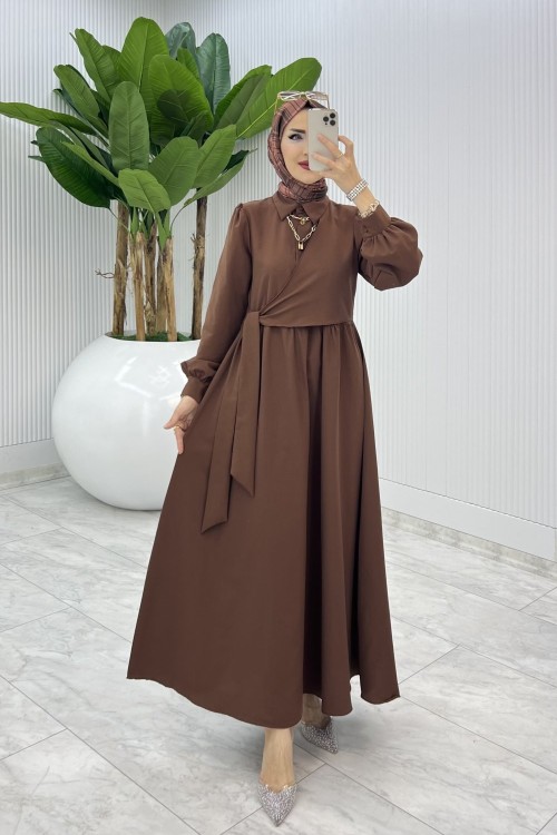 Kahve Bağlamalı Elbise Tesettür Giyim  Kahverengi