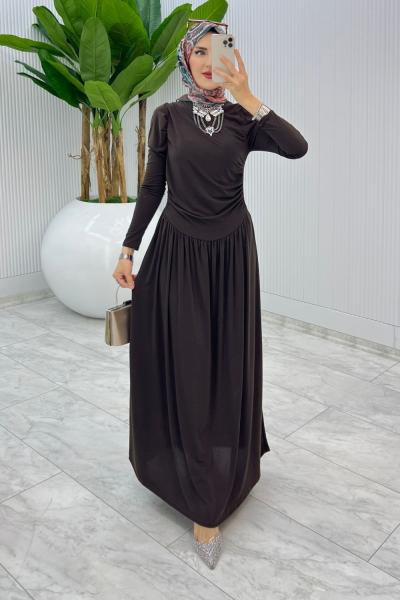 Kahve Büzgü Sendi Elbise Tesettür Giyim Kahverengi