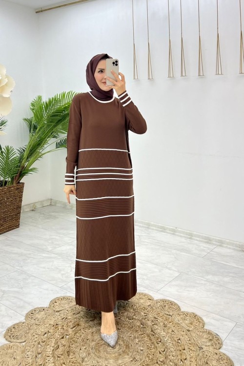 Kahve Dilay Triko Elbise Tesettür Giyim  Kahverengi