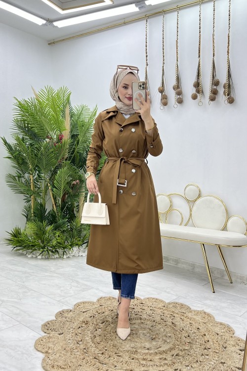 Kahve Dubai Trench Tesettür Giyim Kahverengi