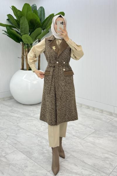 Kahve Fidan Channel Yelek Broş Hediyeli  Kahverengi