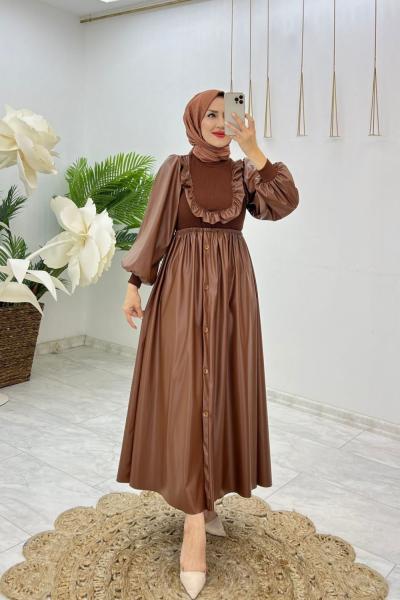 Kahve Filiz Deri Elbise Tesettür Giyim Kahverengi