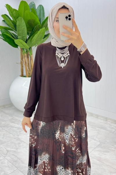 Kahve Gökyüzü Etek Takım Tesettür Giyim Kahverengi