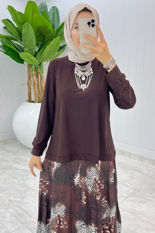 Kahve Gökyüzü Etek Takım Tesettür Giyim Kahverengi