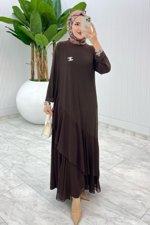Kahve Broşlu Gülşah Elbise Tesettür Giyim Kahverengi