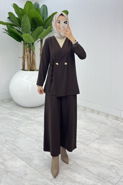 Kahve Güler Pantolonlu Takım Tesettür Giyim  Kahverengi