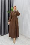 Kahve Hifa Piliseli Elbise Tesettür Giyim  Kahverengi