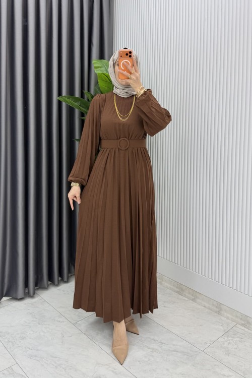 Kahve Hifa Piliseli Elbise Tesettür Giyim  Kahverengi