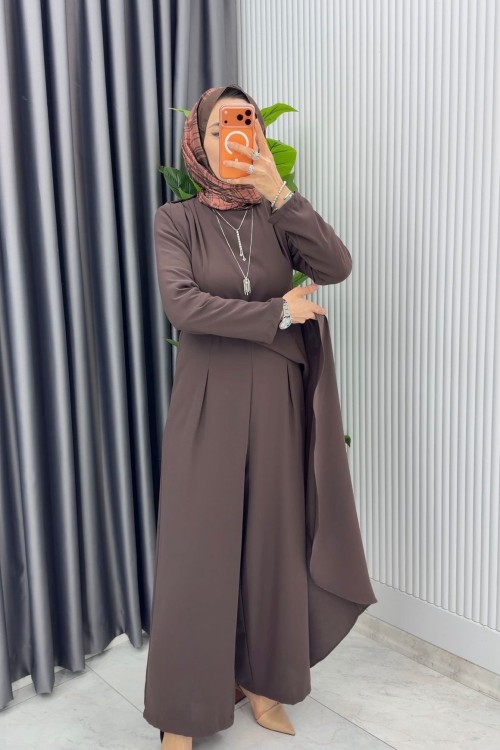 Kahve Kemerli Nalan Tulum Elbise Tesettür Giyim  Kahverengi