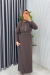 Kahve Kemerli Nalan Tulum Elbise Tesettür Giyim  Kahverengi