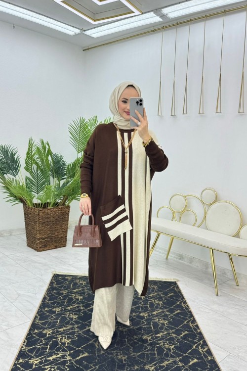 Kahve Kübra Triko Panço Tesettür Giyim Kahverengi
