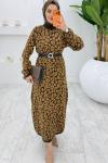 Kahve Leopar Yün Efekt Tiko Elbise Tesettür Giyim   Kahverengi