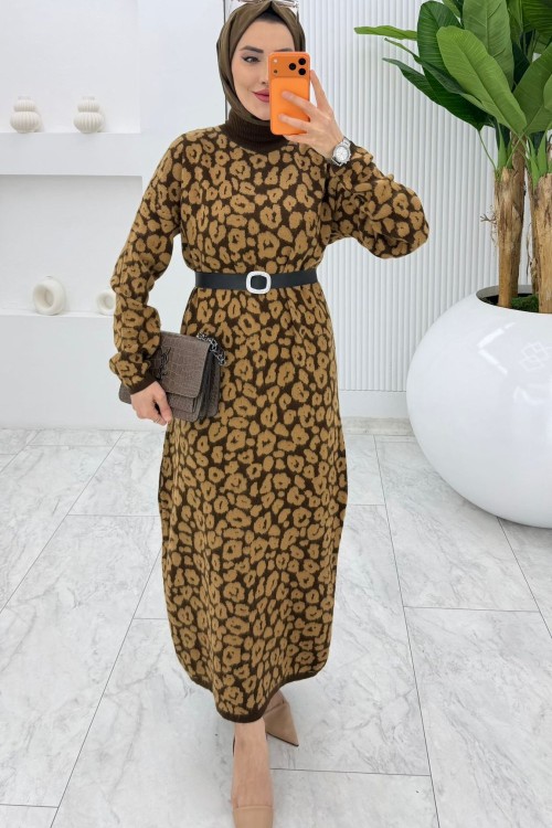 Kahve Leopar Yün Efekt Tiko Elbise Tesettür Giyim   Kahverengi