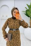 Kahve Leopar Yün Efekt Tiko Elbise Tesettür Giyim   Kahverengi