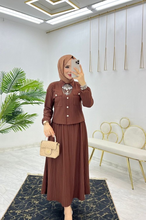 Kahve Matmazel Etek Takım Tesettür Giyim Kahverengi