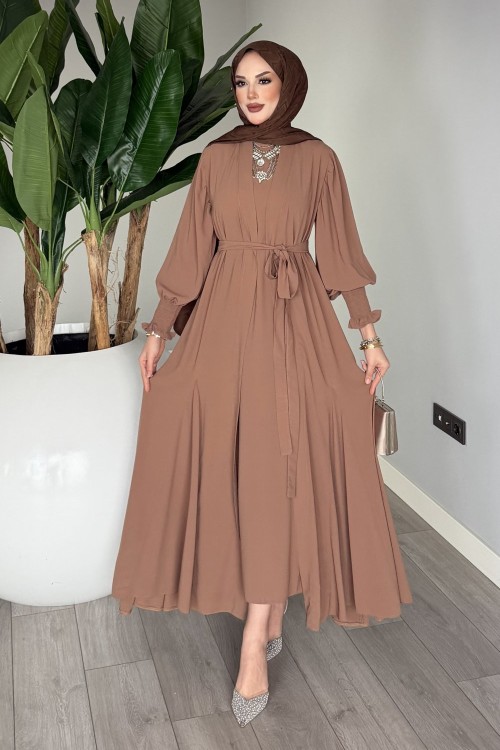 Kahve Meşk Abaya Takım Tesettür Giyim  Kahverengi