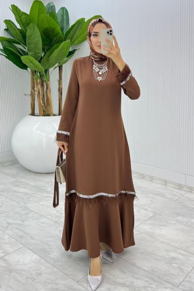 Kahve Mosso Abiye Elbise Tesettür Giyim Kahverengi