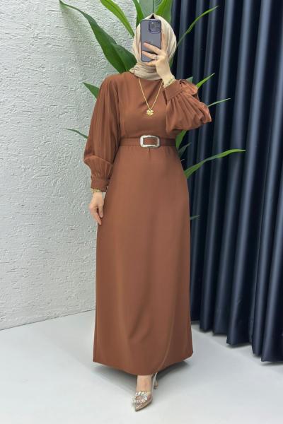 Kahve Narin Elbise Tesettür Giyim Kahverengi