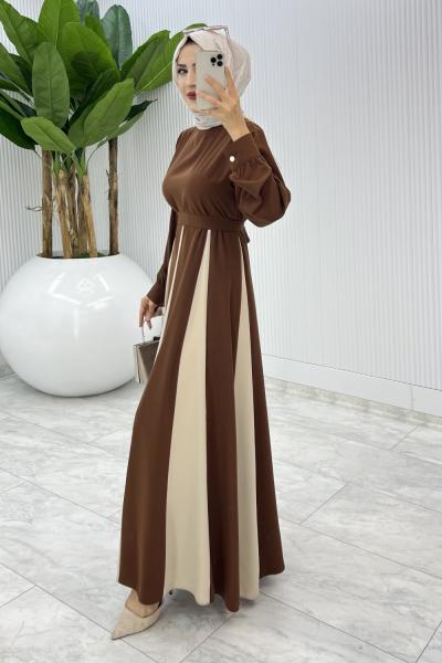 Kahve Parçalı Elbise Tesettür Giyim Kahverengi