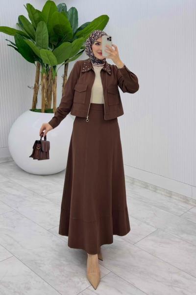Kahve Peyda Premium Etek Takım Tesettür Giyim Kahverengi
