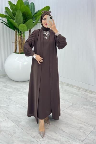 Kahve Premıum Melek Abaya Takım Tesettür Giyim Kahverengi