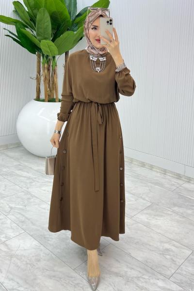 Kahve Premium Düğmeli Elbise Tesettür Giyim Kahverengi