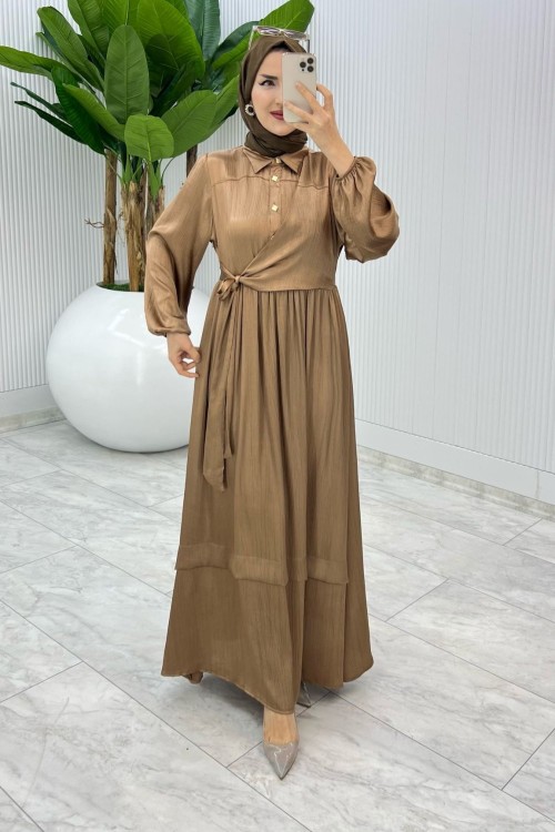 Kahve Premium Lotus Elbise Tesettür Giyim Kahverengi
