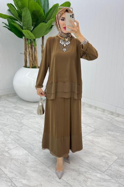 Kahve Premium Aksu Etek Takım Tesettür Giyim Kahverengi