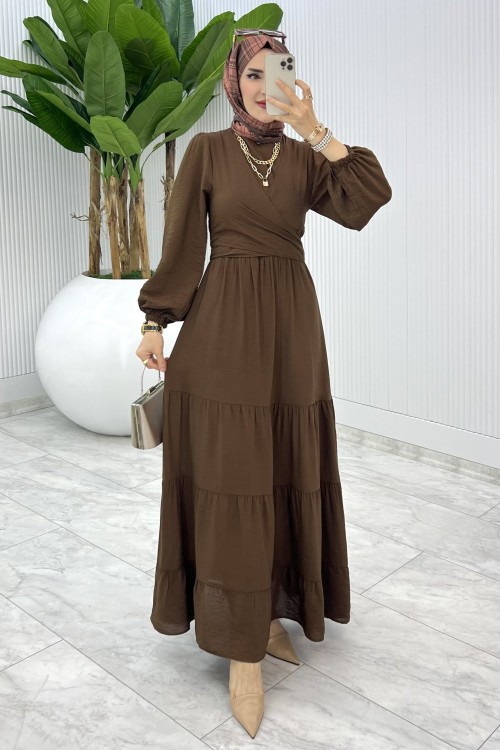 Kahve Premıum Leha Elbise Tesettür Giyim Kahverengi