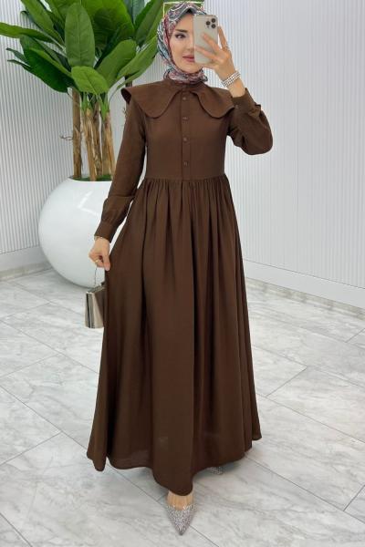 Kahve Premium Bebe Yaka Elbise Tesettür Giyim Kahverengi