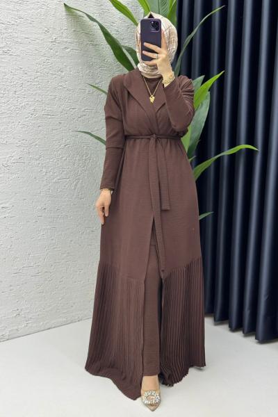 Kahve Premium Üçlü Helena Takım Tesettür Giyim Kahverengi