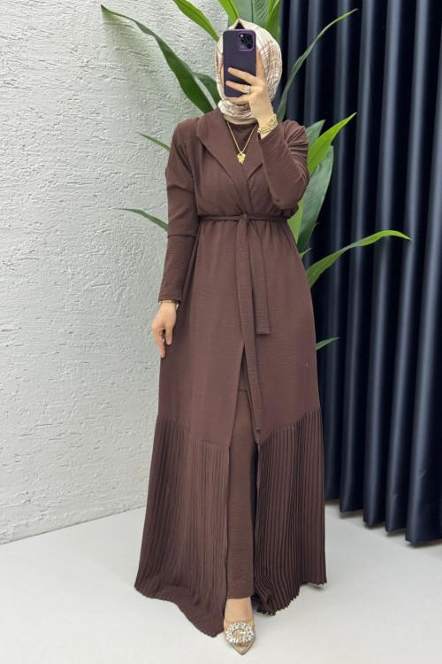 Kahve Premium Üçlü Helena Takım Tesettür Giyim Kahverengi