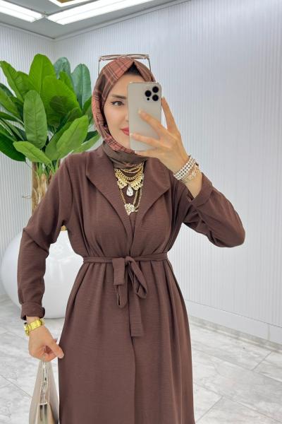 Kahve Premium Üçlü Derin Takım Tesettür Giyim Kahverengi