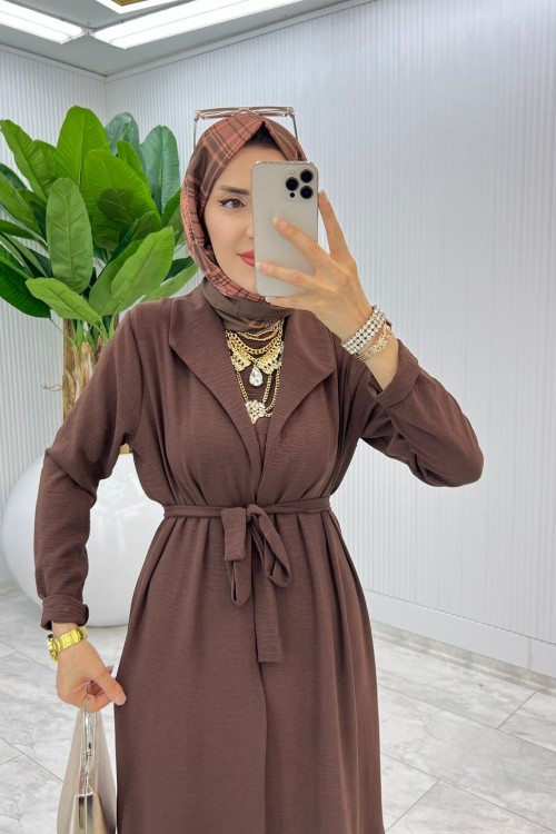Kahve Premium Üçlü Derin Takım Tesettür Giyim Kahverengi